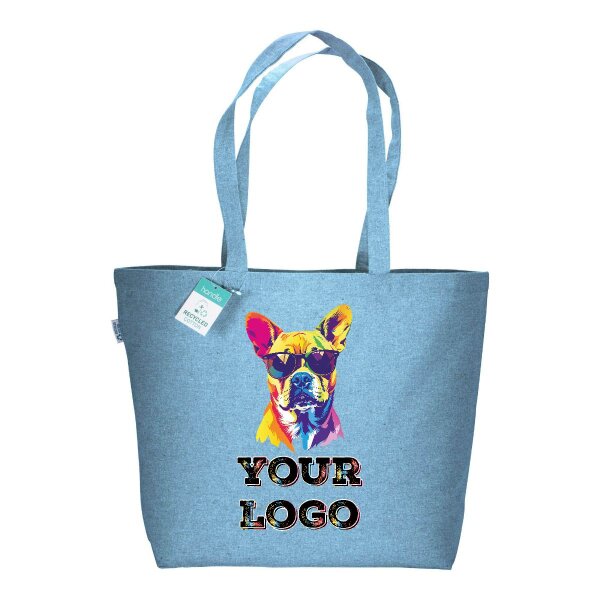 Baumwolltasche 50x36+16 cm - himmelblau bedruckt mit Logo und Bodenfalte
