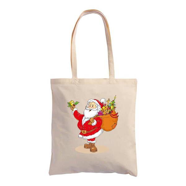 Weihnachtstasche im Standard-Format 38x42 mit langen Henkeln - einseitig rot bedruckt mit Weihnachtsmotiv: Santa