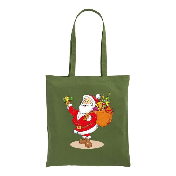Weihnachtstasche dunkelgrün im Standard-Format 38x42 mit langen Henkeln - einseitig bedruckt mit Weihnachtsmotiv: Santa