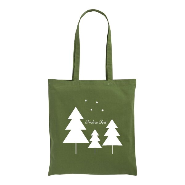 Weihnachtstasche dunkelgrün im Standard-Format 38x42 mit langen Henkeln - einseitig bedruckt mit Weihnachtsmotiv: Tannen