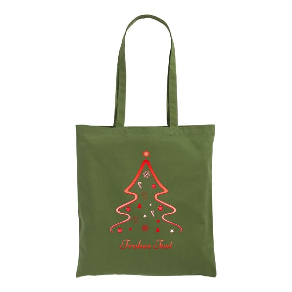 Weihnachtstasche dunkelgrün im Standard-Format 38x42 mit langen Henkeln - einseitig bedruckt mit Weihnachtsmotiv: Christmas Tree