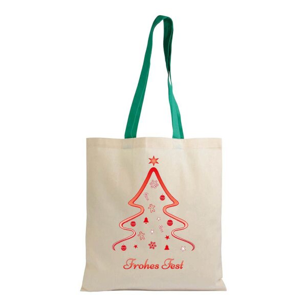 Weihnachtstasche naturfarben im Standard-Format 38x42 mit langen grünen Henkeln - einseitig bedruckt mit Weihnachtsmotiv: Christmas Tree
