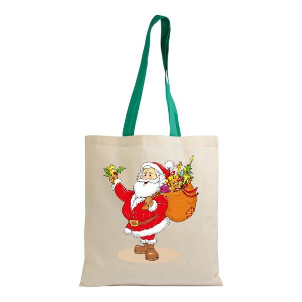 Weihnachtstasche naturfarben im Standard-Format 38x42 mit langen grünen Henkeln - einseitig bedruckt mit Weihnachtsmotiv: Santa