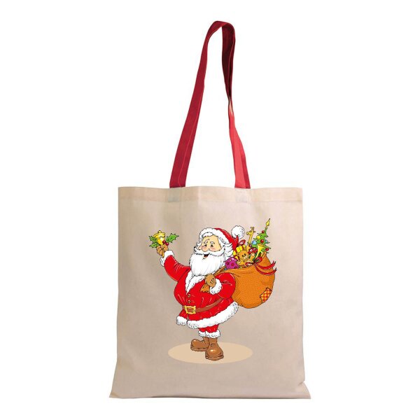 Weihnachtstasche naturfarben im Standard-Format 38x42 mit langen roten Henkeln - einseitig bedruckt mit Weihnachtsmotiv: Santa