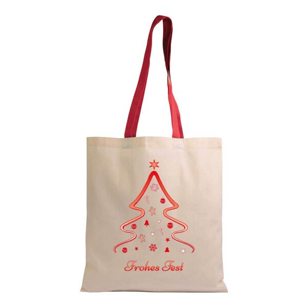 Weihnachtstasche naturfarben im Standard-Format 38x42 mit langen roten Henkeln - einseitig bedruckt mit Weihnachtsmotiv: Christmas Tree