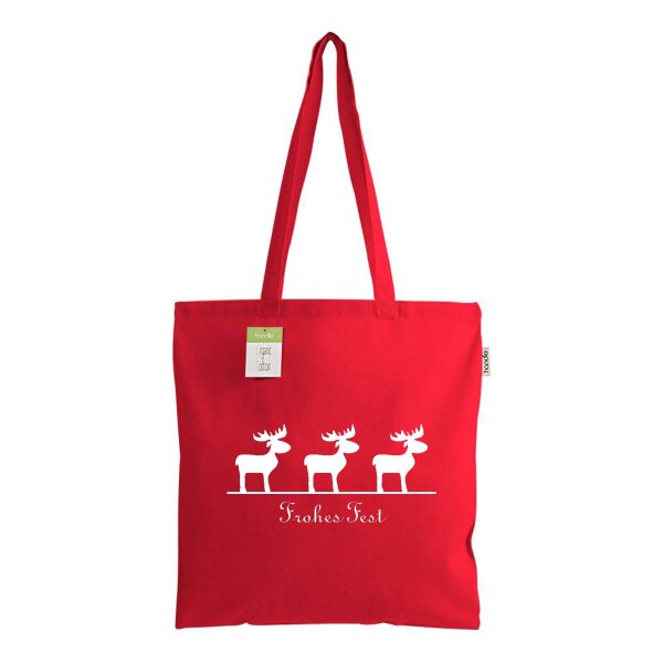 Bio Weihnachtstasche rot im Standard-Format 38x42 mit langen Henkeln - einseitig bedruckt mit Weihnachtsmotiv: Elche