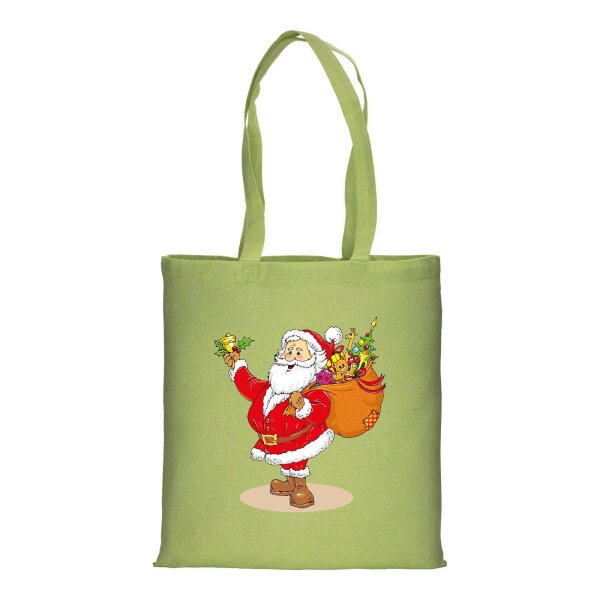 Recycling Weihnachtstasche melange hellgrün im Standard-Format 38x42 mit langen Henkeln - einseitig bedruckt mit Weihnachtsmotiv: Santa