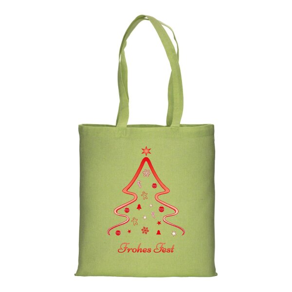 Recycling Weihnachtstasche melange hellgrün im Standard-Format 38x42 mit langen Henkeln - einseitig bedruckt mit Weihnachtsmotiv: Christmas Tree