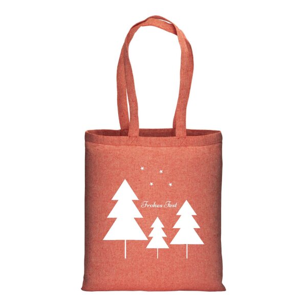 Recycling Weihnachtstasche melange rot im Standard-Format 38x42 mit langen Henkeln - einseitig bedruckt mit Weihnachtsmotiv: Tannen
