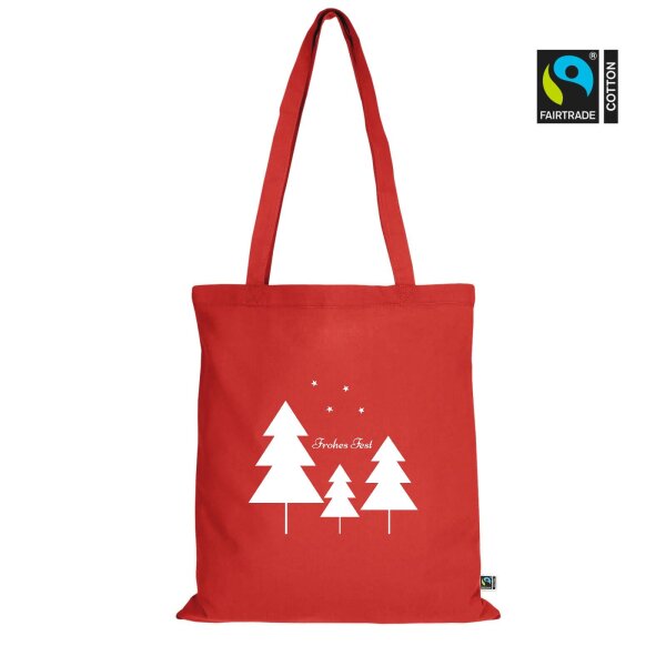 Weihnachtstasche Fairtrade rot im Standard-Format 38x42 mit langen Henkeln - einseitig bedruckt mit Weihnachtsmotiv: Tannen
