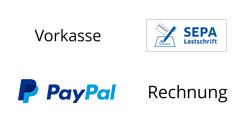 Mögliche Zahlungsarten bei tragetaschen-onlineshop.de: Vorkasse, SEPA Lastschrift, Paypal & auf Rechnung. 